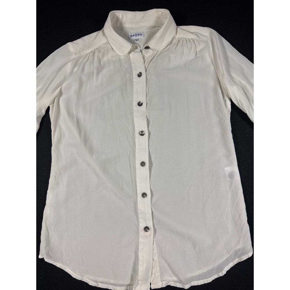 Brora Silk Blouse Ivory White Peter Pan Collar Button Down Top Womens Size 8